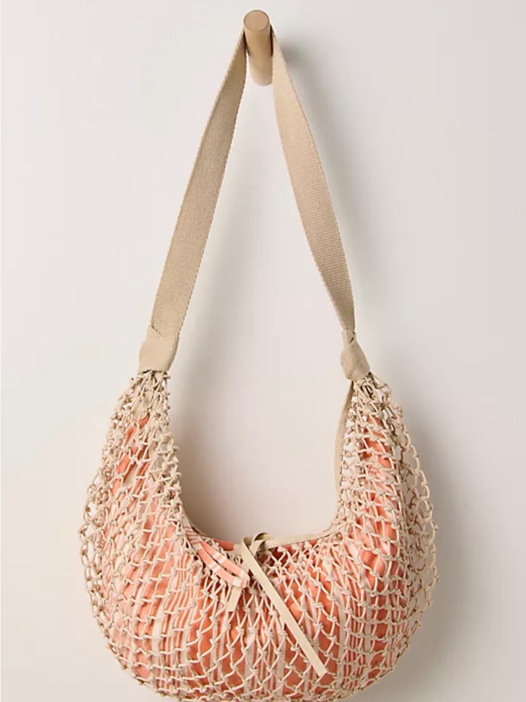 Free People Beige Crochet Shoulder Bag With Peach Insert